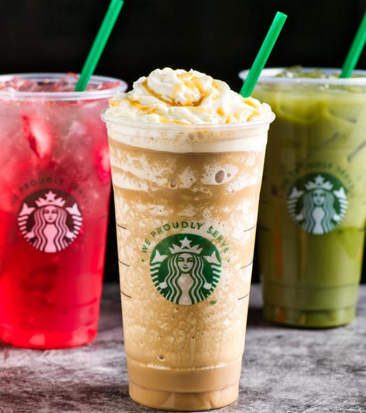 The Restaurants at Rosen Shingle Creek: A Different Dinner Every Night 15 Three iced beverages in Starbucks branded cups against a dark background.