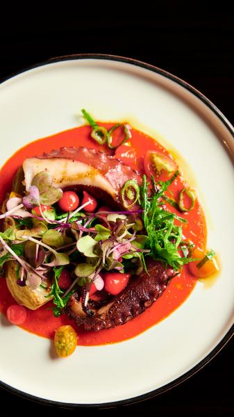 A white plate against a black background, with grilled octopus served on a red sauce and garnished with microgreens and tomatoes grown in Emma's Creekside Farm. 