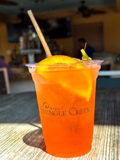 What Your Cocktail Order from Cat-Tails Pool Bar & Grille Says About You 3 A clear orange cocktail with a straw and orange garnish in a plastic cup labeled Rosen Shingle Creek.