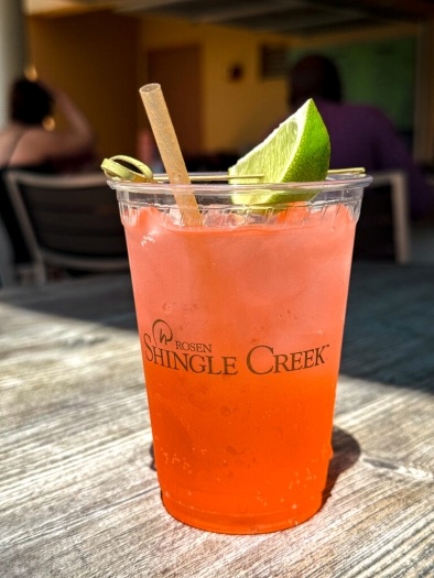 What Your Cocktail Order from Cat-Tails Pool Bar & Grille Says About You 5 A orange-pink cocktail with a lime garnish in a plastic cup that reads Rosen Shingle Creek.