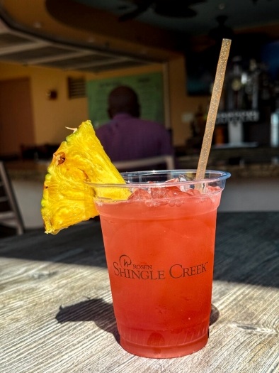 What Your Cocktail Order from Cat-Tails Pool Bar & Grille Says About You 6 A pink-red cocktail with a straw and a pineapple garnish in a plastic cup that reads Rosen Shingle Creek.