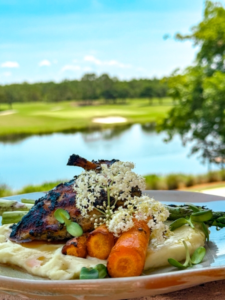 A Golfer's Guide to Shingle Creek Golf Club: Course Highlights and Tips 5 A plate of chicken, carrots, and mashed potatoes at Clubhouse Grille at Shingle Creek Golf Club located next to Rosen Shingle Creek in Orlando.