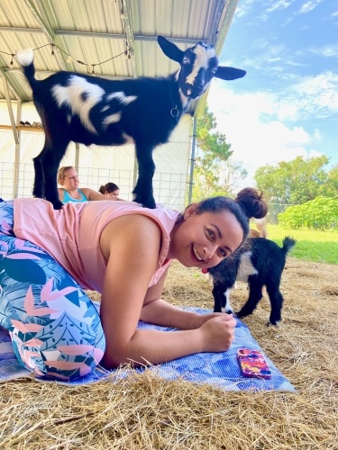 A goat stands on the back of a smiling young woman doing yoga outdoors. Baby Goat Yoga is one of several great animal experiences in Orlando.