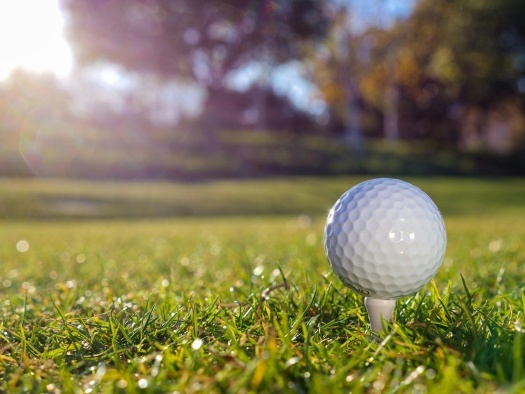 A close-up of a golf ball on a tee amidst green grass with glowing sunlight.