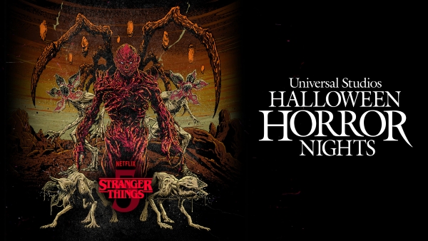 Halloween Horror Nights Returns for its 35th Year of Fear 2 A promotional image for Stranger Things 5 at Halloween Horror Nights Orlando with a large demon-like figure and the Stranger Things logo.
