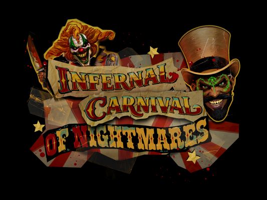 Halloween Horror Nights Returns for its 35th Year of Fear 3 A promotional image for the Infernal Carnival of Nightmares, a Scare Zone at HHN 35, with an evil clown and a sinister man in a top hat.