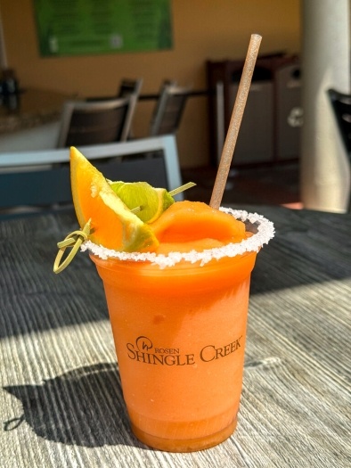 What Your Cocktail Order from Cat-Tails Pool Bar & Grille Says About You 2 A frozen orange cocktail with a lime and orange garnish and a straw in a plastic cup labeled Rosen Shingle Creek with a sugar rim.