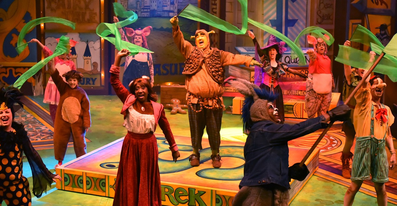 Family friendly theatrical performance of Shrek at Orlando Family Stage.