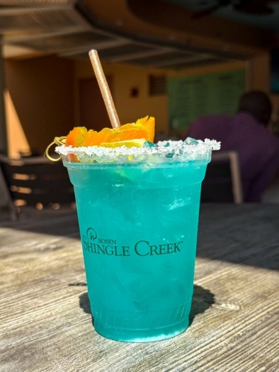 What Your Cocktail Order from Cat-Tails Pool Bar & Grille Says About You 1 A bright blue cocktail with a salt rim and an orange garnish in a plastic cup labeled "Rosen Shingle Creek"