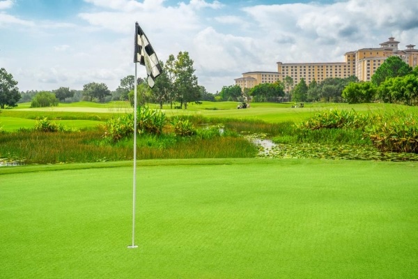 An expanse of pristine green lawn with a black and white checkered flag, and a background of marshy greenery and a tall hotel standing in the distance. 