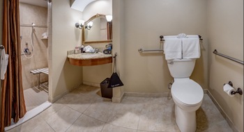 A bathroom with a toilet, sink, and a walk-in shower