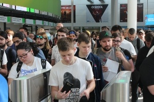 A group of people attending their first convention at the Orange County Convention Center in Orlando, Florida.