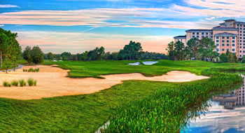 A sand trap surrounded by green grass on the banks of a small pond. Rosen Shingle Creek peeks out of the upper corner.