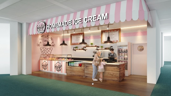 A mock-up of a storefront with a sign reading Kelly's Homemade Ice Cream, decorated with pink and white stripes. 