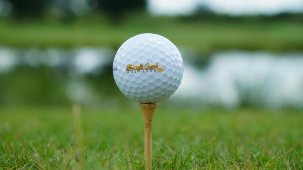 A Shingle Creek Golf Club golf ball balances on a tee surrounded by grass and lake water.