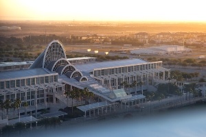 Sun sets over the Orange County Convention Center in Orlando, Florida 2023